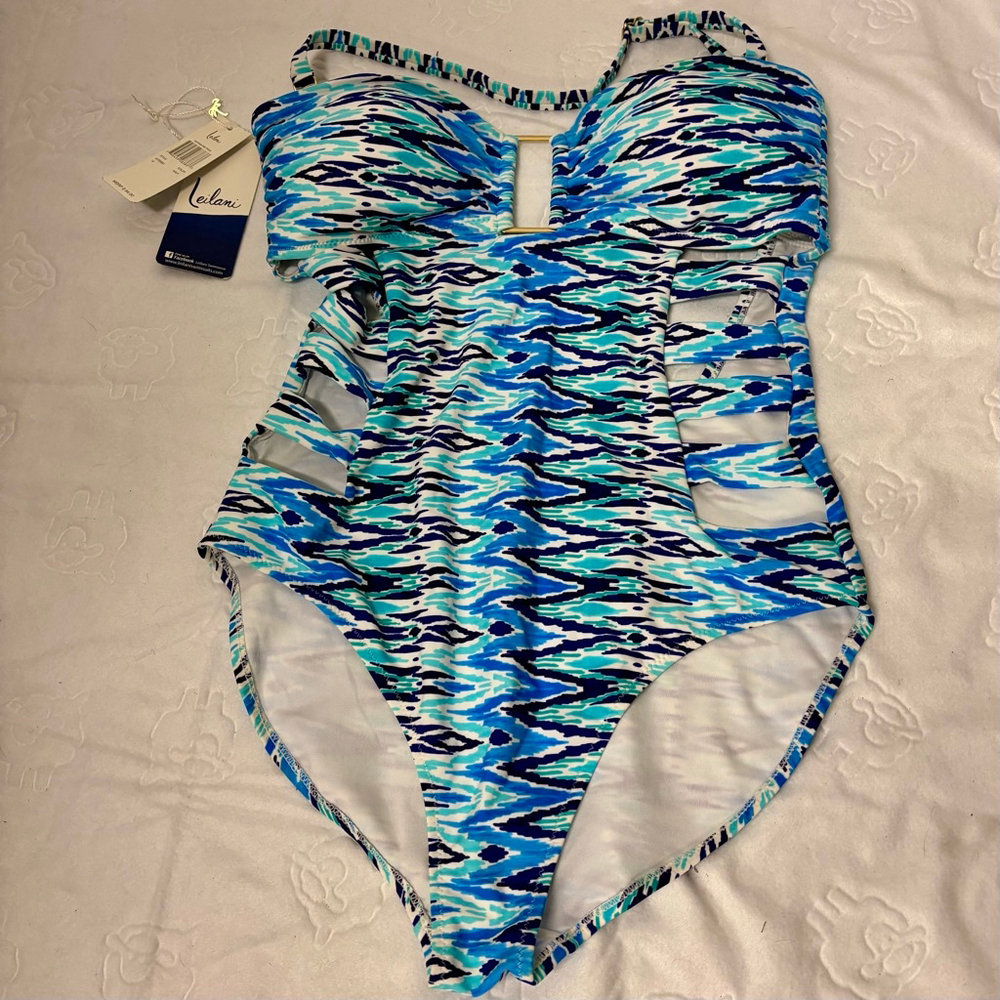 Women's Leilani Blue White Ikat Print One Piece Swimsuit Size 12 NWT vacation